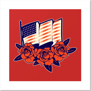 4th of july american flag over roses Posters and Art